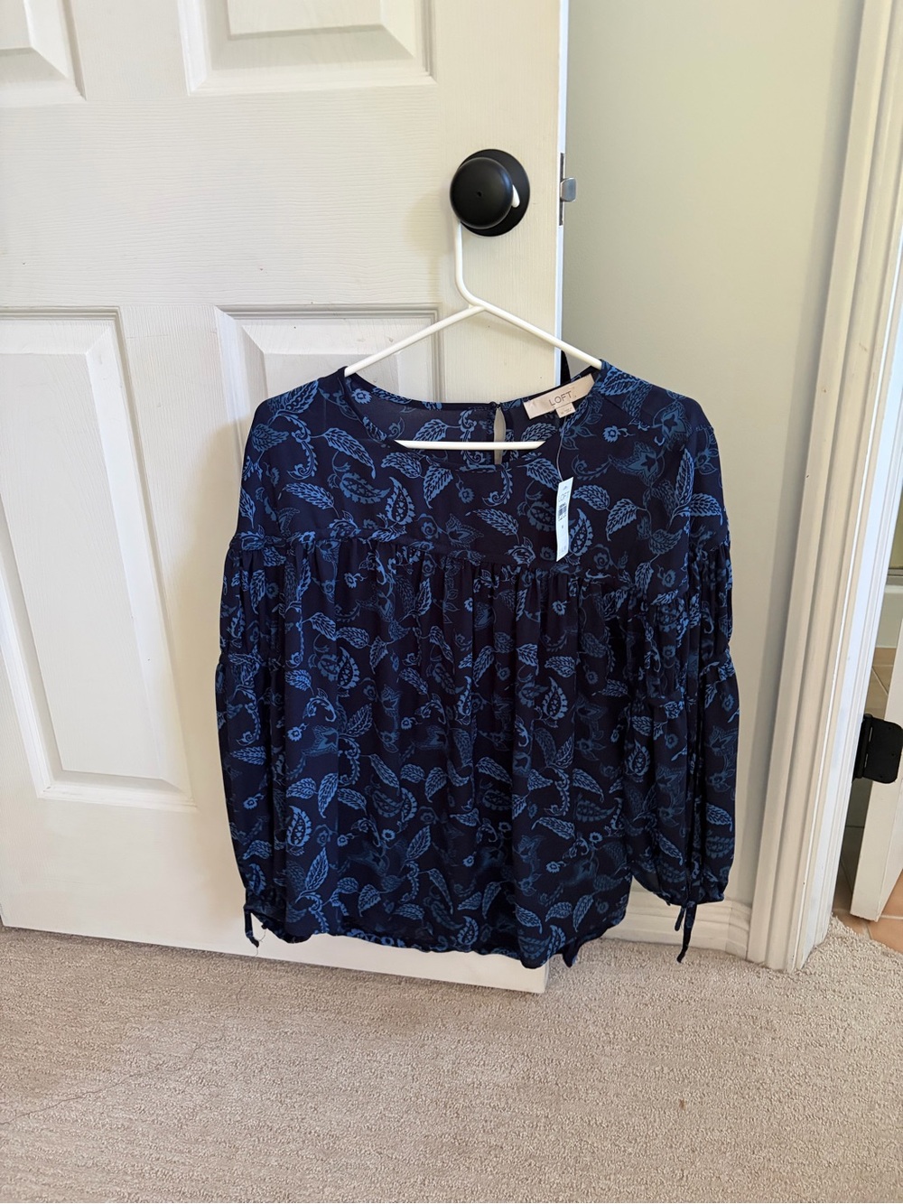 NWT LOFT Dark Navy Blue Paisley Peasant Top
